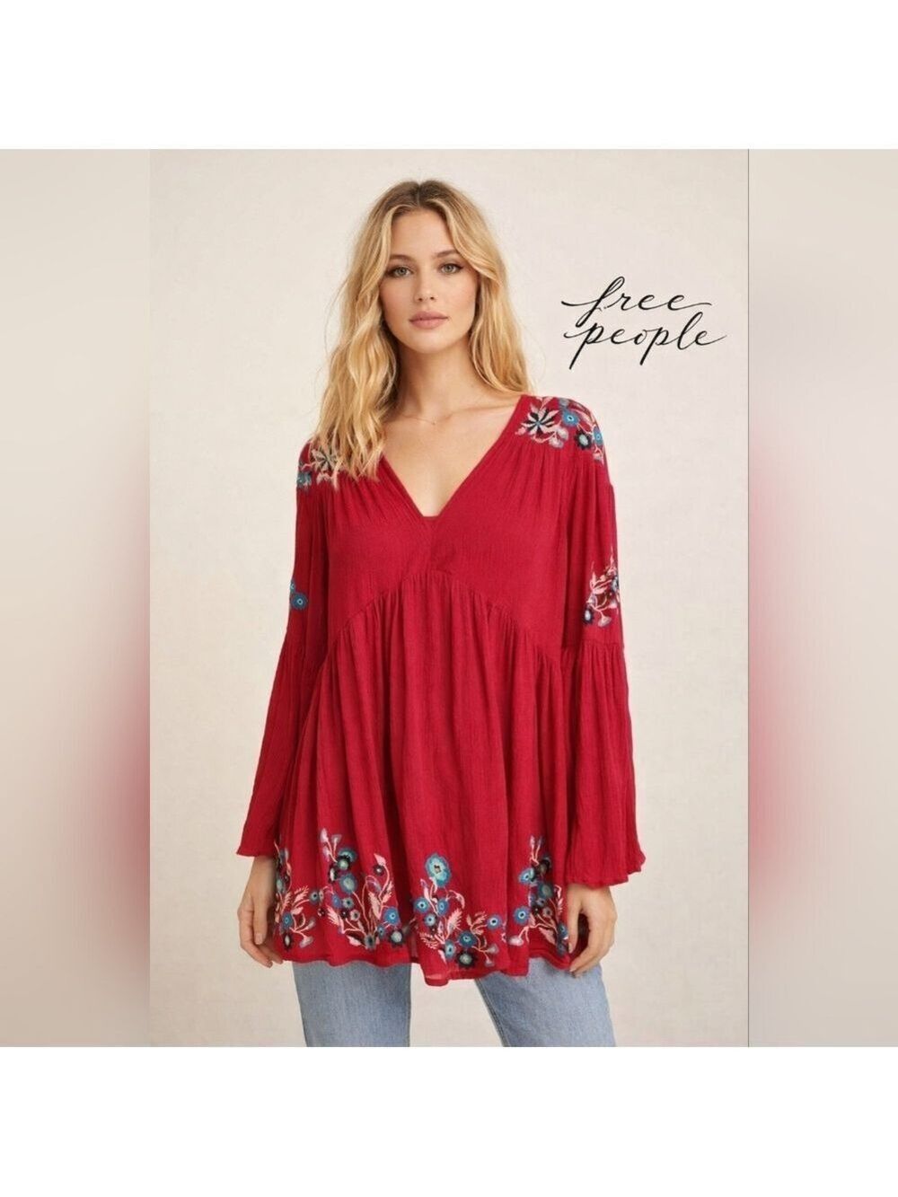 Free People Wine Red Embroidered Boho Tunic Top Bell Sleeve Size XS Extra Small